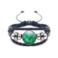 PU Leather Cord Bracelets, Zinc Alloy, with Glass Beads & leather cord, fashion jewelry, black Approx 175 mm 