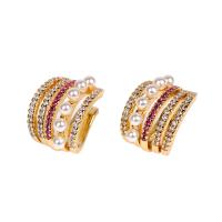 Earring Cuff and Wraps, Brass, with Plastic Pearl, gold color plated, micro pave cubic zirconia & for woman 