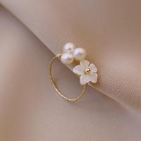 Pearl Brass Finger Ring, with Shell & Freshwater Pearl, gold color plated, Adjustable & for woman 