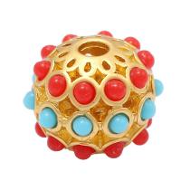 Hollow Brass Beads, with Natural Turquoise, gold color plated, DIY 