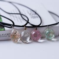 Glass Zinc Alloy Necklace, with Dried Flower & PU Leather & Zinc Alloy, Round, for woman 12mm .53 Inch 
