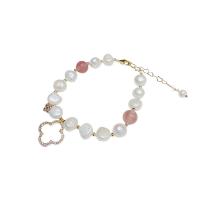 Cultured Freshwater Pearl Brass Bracelet, with brass chain & Gemstone, with 1.96 inch extender chain, gold color plated, micro pave cubic zirconia & for woman, 15mm Approx 5.9 Inch 