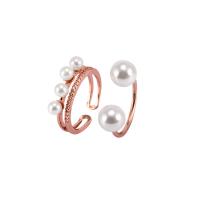 Brass Finger Ring, with Plastic Pearl, rose gold color plated, 2 pieces & Adjustable & for woman, 13mm 