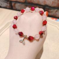Bracelets en pierres précieuses, laiton, avec oeil de tigre & quartz rose, bijoux de mode, rouge, 19cm, Vendu par brin
