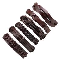 PU Leather Cord Bracelets, with Waxed Cotton Cord, plated, 6 pieces & Adjustable & Unisex, deep coffee color Approx 18-20 cm 