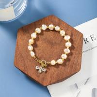 bracelet en laiton de perle d'eau douce cultivée, avec zircon cubique & perle d'eau douce cultivée, bijoux de mode, blanc, 19cm, Vendu par brin