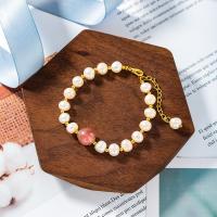 Cultured Freshwater Pearl Brass Bracelet, with Freshwater Pearl & Strawberry Quartz, Adjustable & fashion jewelry, white, 7cm 