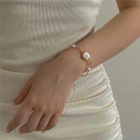 Cultured Freshwater Pearl Brass Bracelet, with Freshwater Pearl, fashion jewelry, silver color, 18cm 