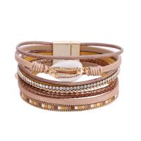 PU Leather Cord Bracelets, Brass, with PU Leather & Shell, fashion jewelry & multilayer 19.3cm 