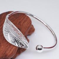 Brass Cuff Bangle, Leaf, silver color plated, adjustable & for woman, 60mm 