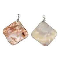 Natural Freshwater Shell Pendants, Pearl Shell, with Stainless Steel, Square, silver color plated 