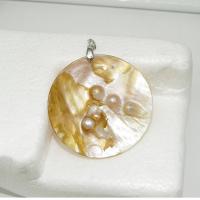 Natural Freshwater Shell Pendants, Pearl Shell, with Freshwater Pearl & Zinc Alloy, Round, silver color plated, DIY 