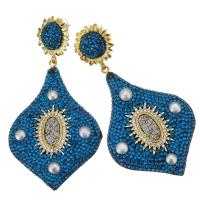 Freshwater Pearl Drop Earring, Rhinestone Clay Pave, with pearl & Zinc Alloy, for woman & with rhinestone, blue, 85mm 