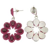Zinc Alloy Rhinestone Drop Earring, Rhinestone Clay Pave, with Zinc Alloy, Flower, for woman & hollow, rose pink, 57mm 