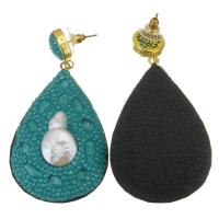 Freshwater Pearl Drop Earring, Rhinestone Clay Pave, with pearl & Zinc Alloy, for woman, green, 66mm 