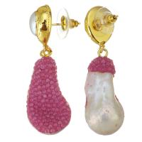 Freshwater Pearl Drop Earring, Rhinestone Clay Pave, with pearl & Zinc Alloy, for woman, rose pink, 49mm 