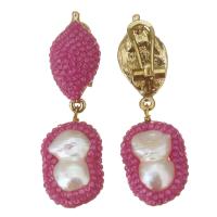 Freshwater Pearl Drop Earring, Rhinestone Clay Pave, with pearl & Zinc Alloy, for woman, rose pink, 52mm 