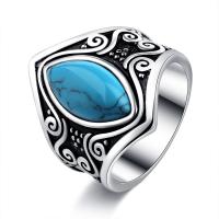 Brass Finger Ring, with turquoise, plated, fashion jewelry & blacken, silver color 