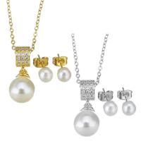 Cubic Zirconia Stainless Steel Jewelry Sets, with Shell Pearl, plated, micro pave cubic zirconia & for woman 22mm 1.5mm,6mm Approx 17 Inch 
