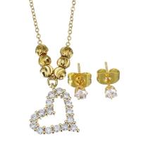 Cubic Zirconia Stainless Steel Jewelry Sets, Stud Earring & necklace, gold color plated, micro pave cubic zirconia & for woman 1.2mm,3mm 