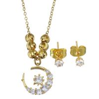 Cubic Zirconia Stainless Steel Jewelry Sets, Stud Earring & necklace, gold color plated, micro pave cubic zirconia & for woman 1.2mm,3mm Approx 17 Inch 