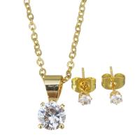 Cubic Zirconia Stainless Steel Jewelry Sets, Stud Earring & necklace, gold color plated, micro pave cubic zirconia & for woman 1.5mm,3mm Approx 17 Inch 