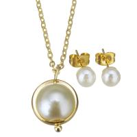 Conjuntos de joyería de acero inoxidable, Pendiente de stud & collar, con Shell Pearl, chapado en color dorado, para mujer, 12x18mm,1.5mm,6mm, longitud:aproximado 17 Inch, Vendido por Set