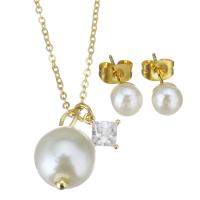 Cubic Zirconia Stainless Steel Jewelry Sets, Stud Earring & necklace, with Shell Pearl, gold color plated, micro pave cubic zirconia & for woman 1.2mm,6mm Approx 18 Inch 