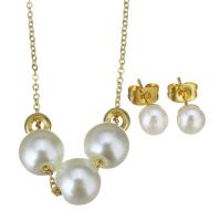 Fashion Stainless Steel Jewelry Sets, Stud Earring & necklace, with Shell Pearl, gold color plated, for woman, 8mm,1.2mm,6mm Approx 17 Inch 