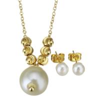 Conjuntos de joyería de acero inoxidable, Pendiente de stud & collar, con Shell Pearl, chapado en color dorado, para mujer, 10x15mm,1.2mm,6mm, longitud:aproximado 17 Inch, Vendido por Set