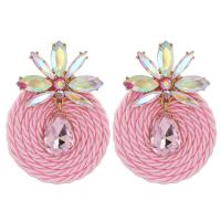 Zinc Alloy Rhinestone Drop Earring, with Polyester, plated, for woman & with rhinestone, pink 