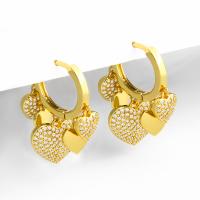 Huggie Hoop Drop Earring, Латунь, Сердце, Другое покрытие, инкрустированное микро кубического циркония & Женский, Золотой продается Пара