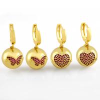 Huggie Hoop Drop Earring, Латунь, с рисунками сердца & инкрустированное микро кубического циркония, Золотой продается Пара