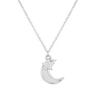 Sterling Silver Jewelry Necklace, 925 Sterling Silver, with White Shell, with 1.96 inch extender chain, Moon, plated, for woman & with rhinestone Approx 15.74 Inch 