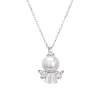 Sterling Silver Jewelry Necklace, 925 Sterling Silver, with Shell Pearl, with 1.96 inch extender chain, Angel, plated, for woman & with rhinestone Approx 15.74 Inch 