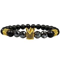 Gemstone Hematite Bracelets, with Cubic Zirconia & Brass, fashion jewelry & elastic & DIY, black Approx 7.5 Inch 