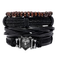 PU Leather Cord Bracelets, Zinc Alloy, with Linen & PU Leather & Wax Cord, 4 pieces & Adjustable & fashion jewelry & handmade & Unisex, 17-18cm 