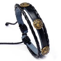 PU Leather Cord Bracelets, Zinc Alloy, with PU Leather & Wax Cord, Adjustable & fashion jewelry & Unisex, black, 17-18cm 