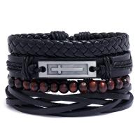 Wrap Bracelets, Zinc Alloy, with PU Leather & Wax Cord, 4 pieces & Adjustable & fashion jewelry & handmade & Unisex, black, 17-18cmuff0c6cm 