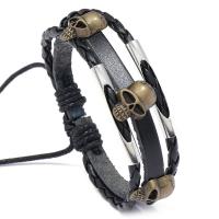 PU Leather Cord Bracelets, Zinc Alloy, with PU Leather & Wax Cord, Skull, Adjustable & fashion jewelry & Unisex, black, 17-18cm 