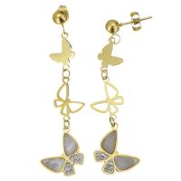 Stainless Steel Drop Earring, Butterfly, fashion jewelry & for woman & with rhinestone, gold, 56mm 