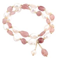Cultured Freshwater Pearl Brass Bracelet, with Strawberry Quartz, mixed colors, 350mm 