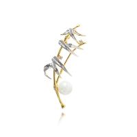 Plastic Pearl Brooch, Brass, with Plastic Pearl, Bamboo, gold color plated, micro pave cubic zirconia & for woman, white 
