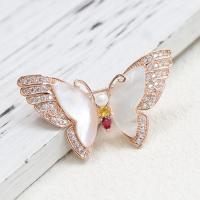 Cubic Zirconia Brooch, Brass, with White Shell & Plastic Pearl, Butterfly, gold color plated, micro pave cubic zirconia & for woman & enamel, white 
