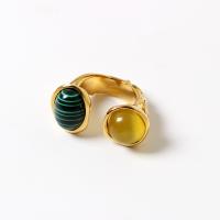 Brass Cuff Finger Ring, with Cats Eye & Malachite, 18K gold plated, adjustable & for woman, 18mm, US Ring .5-8 