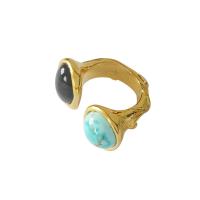 Brass Cuff Finger Ring, with turquoise, 18K gold plated, adjustable & for woman, 19mm, US Ring .5 