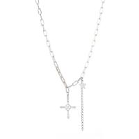 Rhinestone Brass Necklace, with 2.16inch extender chain, Cross, platinum plated, oval chain & for woman & with rhinestone Approx 19.6 Inch 