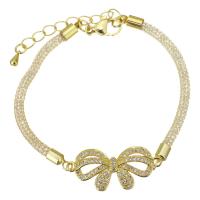 Cubic Zirconia Micro Pave Brass Bracelet, with 1.5 inch extender chain, Bowknot, gold color plated, micro pave cubic zirconia & hollow Approx 7 Inch 