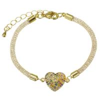 Cubic Zirconia Micro Pave Brass Bracelet, with 2 inch extender chain, Heart, gold color plated, micro pave cubic zirconia 3mm Approx 6.5 Inch 