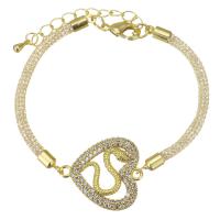 Cubic Zirconia Micro Pave Brass Bracelet, with 2 inch extender chain, Heart, gold color plated, micro pave cubic zirconia & hollow 3mm Approx 6.5 Inch 